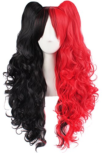 MapofBeauty Multi-color Lolita Long Curly Clip on Ponytails Cosplay Wig (Black/ Red)