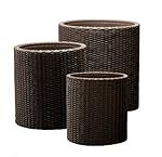 Keter Indoor/Outdoor Rattan Style Garden Planters, 3 Size Set Round Plant Pots - Brown