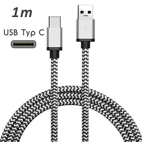 Original COVERLOUNGE – Nylon USB Typ C Kabel [2-Pack] / Datenkabel / Ladekabel [2.1 A] für alle Huawei Smartphones mit USB Typ C Anschluss | Farbe: Weiß / Silber | Länge: 1 Meter / 1m - 2