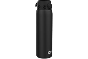 ION8 Gourde Inox Léger 1 Litre, Non Isolé, Anti-Fuite, Facile à Ouvrir, Verrouillage Sécurisé, Lavable au Lave-Vaisselle, Poignée de Transport, Acier Inoxydable, 1200ml, Noir