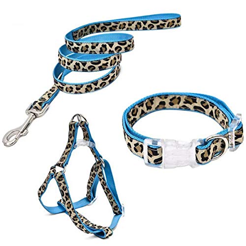 PAWZ Road Collar y Arnés de Pecho Entrenamiento de Mascotas Correas Perros Cuerda Estampado Leopardo 3 Set para Correr Pasear Azul XS