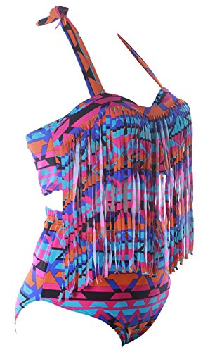 TDOLAH Damen Bunt Bikini-Set mit Fransen Neckholder Bandeau große Größe - 3