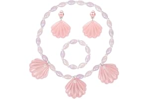BBXWANG Pink Jewelry Set for Girls Women, Pink Shell Pearl Pendant Necklace Earrings Pink Beads Bracelet, Costume Dress Up Accessories