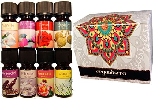 Pack of 8 Bottles of Perfumed Essential Oils / Includes Exclusive Fragrances of Opium, Lilac, Tea Rose, Jasmine, Lavender, Vanilla, and Romantic / 8 Glass Bottles 10 ml Each / Pack No. 11