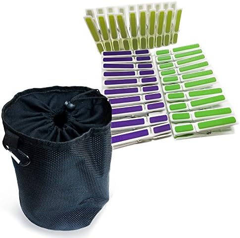 60 Strong Pegs and Peg Bag – Holds Over 70 TPR Clothes Pegs! – Set Includes Plastic &amp; Rubber Durable Storm-Proof Clothespins + Lightweight Durable Peg Carry Bag with Clip &amp; Drawstring. Better than a Peg Basket!