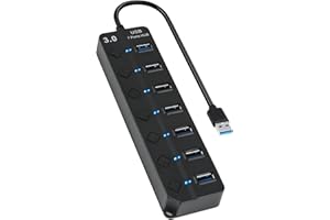 PENNLE 7-Port USB 3.0 Hub with Individual Switches & Lights, Multiple Port USB Adapter Extension High-Speed Data Hub, Portable USB Splitter with 1FT Extended Cable for PC, Laptop, Printer and More