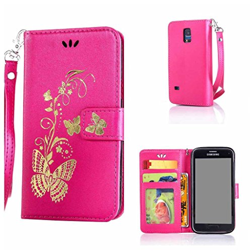 Galaxy S5 Mini Hülle Ledertasche [mit Frei Hartglas Displayschutzfolie], KKEIKO® Schutzhülle PU Leder Tasche Hülle Case für Samsung Galaxy S5 Mini, Wickelfalz Handyhülle mit Bändselloch Standfunktion Karteneinschub und Magnetverschluss, Kratzfeste Lederhülle Flip Wallet (Pink #4)