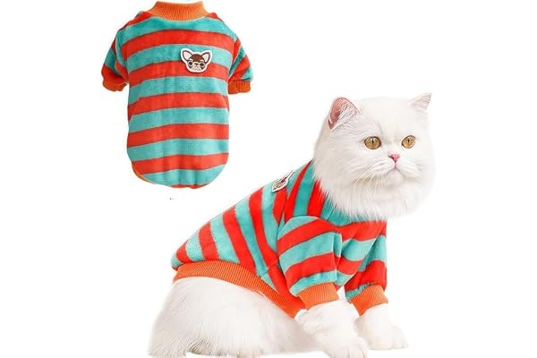 KUTKUT Velvet Dog Sweaters Small Dogs & Cats,Winter Puppy Stripe Clothes,Sweater Shirt Cold Weather Plush Warm Shirts Outfit Yorkshire,Toypom Etc (Size:S,Chest:35Cm,Length:25Cm,Green,1 Count)