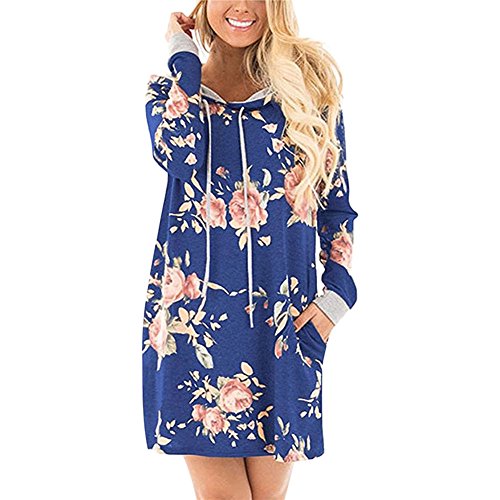Petalum Sweat Robe Femme Chandail Manteau Pull-Over Imprimé Fleur Floral Shirt Veste Tops Manches Longues Uni Sport Casual Losir (FR40-42, Bleu)