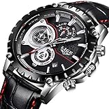 Uhren für Herren,LIGE Herren Fashion Lederband wasserdicht Sport Military Watch Chronograph Datum Kalender Top-Marke Luxus Analog Quarz-Armbanduhr schwarz
