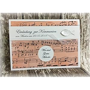 Einladung Einladungskarte Kommunion Konfirmation Musik Melodie Fisch silber grau apricot orange