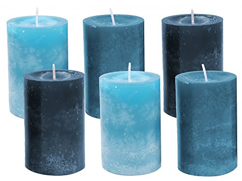 6 Stumpenkerzen Kerzen Blau Türkis Mix 9cm Hochzeit Kommunion Taufe Konfirmation Tischdeko