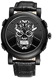 Findtime Herren Uhr Analog Quarzwerk Leder Armband Skull Schädel Rock Modisch Schwarz