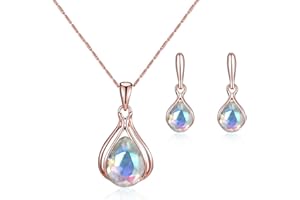 FFWTPY Parure de Bijoux pour Femme en Or Rose Mariage Ensembles de Cristal Collier et Boucles d'oreilles Parure de Strass Larme Pendentif Bijoux pour Mariage Mariée Demoiselle d'honneur