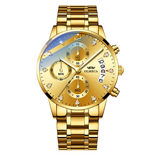 OLMECA Relojes Hombre Moda de Lujo Reloj de Pulsera de Cuarzo Cronógrafo Impermeable con Cuero, Relojes de Acero Inoxidable para Hombres. (H-Oro)