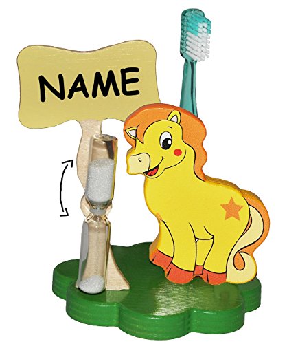 Preisvergleich Produktbild Zahnbürstenhalter / Zahnputzuhr - Pferd incl. Name - mit Sanduhr + Zahnbürste - aus Holz - Badezimmer Bad Kinderzahnbürste / Mädchen Jungen - Tiere - Bauernhof Pferde Fohlen - für Kinder / zum Zähneputzen für 1 Minute