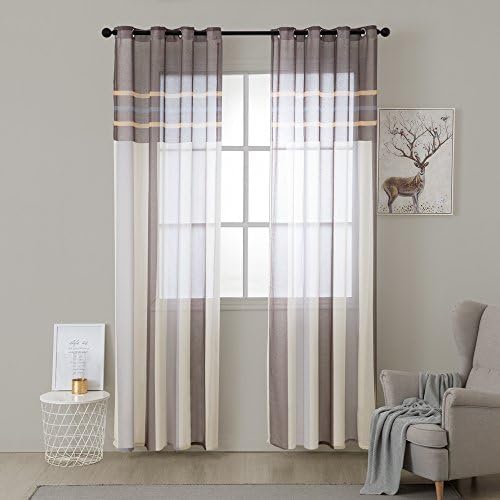 MIULEE 2 Panel Contemporary Decorative Ring Top Eyelet Voile Curtains Sheer Panels for Bedroom Livingroom Nursery Room 55" wide x88 Drop (140cm wide x 225cm Drop) White+Light Brown