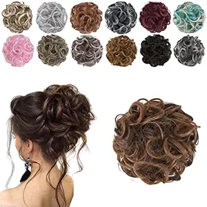 ELAINE Hair Buns Hair Piece Messy Tousled Wavy Curly Scrunchies Wrap Ponytail Extensions with Elastic Rubber Band Synthetic Donut Updo Hairpieces for Women Girls (Medium Brown & Light Auburn Highlights -#105A)