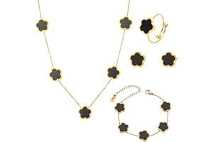 XFSRG Bijoux Femme Trèfle à Quatre Feuilles Porte-Bonheur, 18k Plaqué Ensemble Collier, Bracelet, Bague, Boucles d'Oreilles Parures Cadeau pour Anniversaire, Saint-Valentin