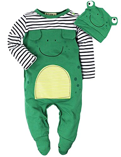 Baby Boys Girls 2 Pieces Long Sleeve Animal Smile Frog Romper with Hat Outfit (90(12-18M))