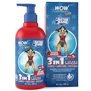 WOW Skin Science Kids 3 in 1 Wash - Shampoo + Conditioner + Body Wash - Golden Warrior Wonder Woman Edition - No Parabens, Color, Mineral Oil, Silicones & Sulphate - 300mL