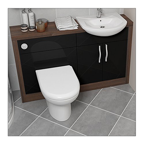 BATHROOM CITY | DESIGNER VANITY UNIT W120cm H83cm D25cm RIGHT HANDED | Incl. BASIN & WC + TAP - WASTE SET | W1200mm H830mm D250mm T50mm | WALNUT WOOD EFFECT