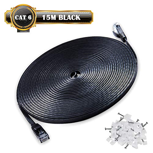 Cat6 Cable de red 15m Gigabit Ethernet FTP - Lan Gigabit Cable - Cable de parcheo RJ45 Cat6 Cable de conexión a red (1 Gigabit/Twisted Pair/FTP/sin Halógeno/100% Cobre) - 15M Negro - Clips Gratis