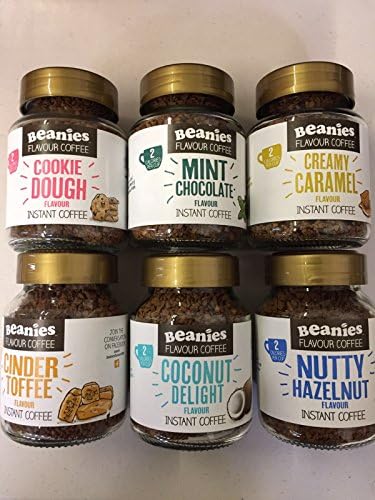 Beanies Instant Flavoured Coffee 6 x 50g Jars, Cookie Dough, Mint Chocolate, Creamy Caramel, Cinder Toffee, Coconut Delight, Nutty Hazelnut.