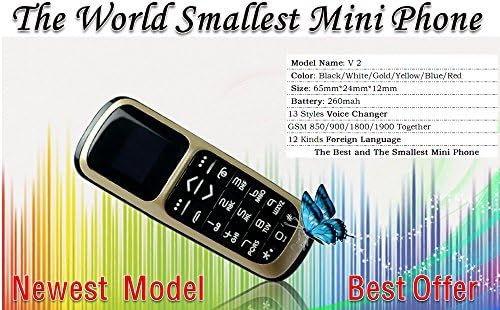 V2 VOICE CHANGER 3 in 1 The Worlds Smallest Thinnest Mobile Phone Bluetooth Dialer Bluetooth Headphone Micro SIM Card 18 Gram (Gold)