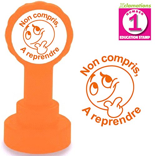 Non compris, A reprendre. Emoji/Smiley Tampon Auto-encreur pour Enseignant. Encre Orange. Taille 22mm. Recharge Disponible