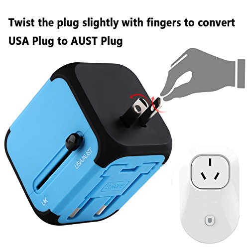 Universal Reiseadapter USB Ladegerät Ladeadapter für US UK AU EU multinationaler ladestecker universal Netzteil mit Dual USB und Schmelzsicherung (Blau) - 4