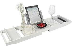 THINFAR Pont de Baignoire Extensible en Bambou, Plateau Baignoire Expérience de Spa, Support Intégré pour Livre et Tablette, 70cm-105cm (Blanc)