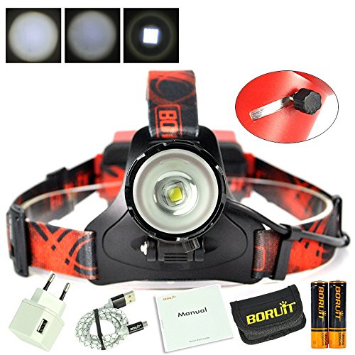 Boruit Led stirnlampe kopflampe Späteste Version LED-Hauptfackel, super helles XM-L2 LED-Scheinwerfer-Licht Zoomable nachladbare Scheinwerfer-Taschenlampen-Kopf-Lampe für kampierendes fischendes Radfahren laufendes wanderndes Jagd-kletterndes Sicherheits-Licht, European regulation charger
