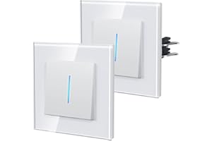 BSEED Interruptor pared con Cristal,Interruptor de luz con Garfio,Basculante Con Pilotitos LED,Fácil Instalación,Fáciles de Limpiar,E-Series,1 Gang 1 Vía - 2 Paquetes,86mm Blanco