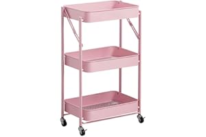 NTEK 3 Tiers Foldable Storage Trolley Cart | Kitchen utility carts | Foldable Rolling Carts | Trolley with Locking Wheels for Kitchen | Kitchen Storage Wagon | Storage Tower Holder Rack (Pink)
