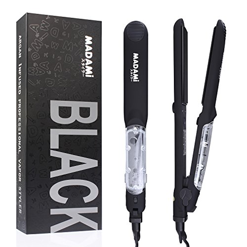 MADAMI Steam Hair Straightener for Argan Oil Infusion Treatment 2-in-1 Straighten and Curling, Professional Ceramic Tourmaline Spray Flat Iron with Locking Switch, 1 1/4 inch Vapor Conditioning Plates, Matte Black
