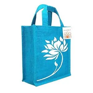 INDOZY Jute Bag for Lunch Tiffin & Gifting for Men, Women, Girl, Boy Kid, Office Daily Use Handbag with Zip & 2 Inside Pockets for Spoon/Fork/Tissue/Mobile & Water Bottle (Blue Turquoise Lotus)