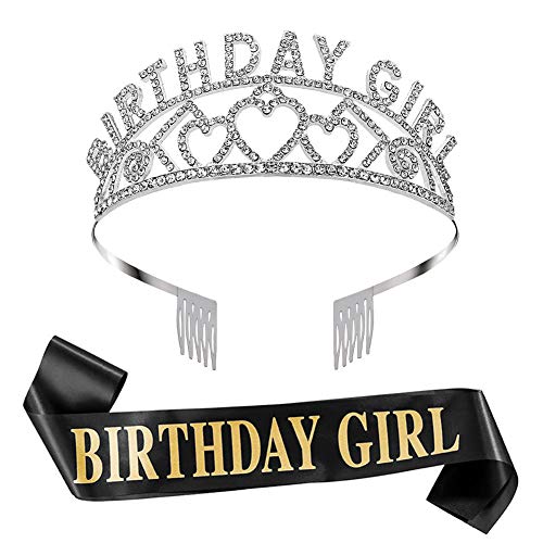 FANTESI Birthday Girl Sash and Tiara, Birthday Girl Sash and Crown for Happy Birthday Party Supplies, Favors, Decorations?Sliver?(Black-Gold)
