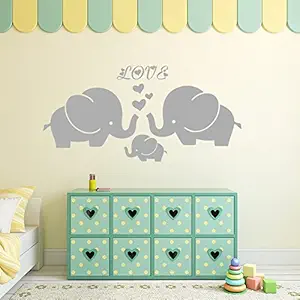 Large Cute Elephant Family With Hearts Wall Decals Baby Nursery Decor Kids Room Wall Stickers, (Large) 40W x19H, Grey
