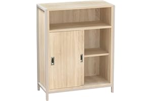 BAKAJI Mobile Mobiletto Basso, Libreria Design Moderno, Madia Ufficio Portadocumenti Struttura Acciaio e Legno con 2 Ante a Chiusura Scorrevole, 1 Ripiano a Vista e 2 Interni 64x30x81cm (Natural)