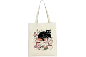 ZORVYN Borsa Tote Donna con Gatto Nero e Motivo Libri Estetico Borsa di Tela come Regalo per Amanti dei Gatti Donne Borsa a Tracolla per Università Lavoro e Shopping