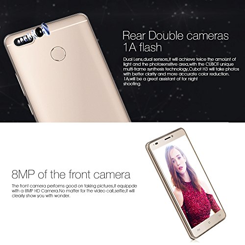 Cubot H3 4G Smartphone LTE Ohne Vertrag mit 6000mAh Super Akku,OTG Funktion,Fingerabdruck-Scanner,Dual RÃ¼ckkamera Dual SIM,Android 7.0,3GB RAM+32GM ROM,ACC Lautsprecher,Bluetooth 4.0/GPS/WiFi (Gold)