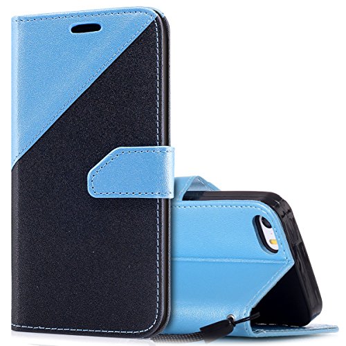 Preisvergleich Produktbild iPhone SE Hülle,iPhone 5S Hülle,KunyFond Ledertasche Flip Case Schutzhülle Brieftasche im BookStyle,Frosted Buntes Muster PU Leder Hülle Handytasche Kunstleder PU Lederhülle Folio PU Leather Handyhülle Klapphülle Wallet Book Case Schutz Schale Stoßfest Bumper Ultra Slim Dünn Silikon TPU Back Rückseite Tasche Ständer Etui mit Klappständer Standfunktion Karteneinschub und Magnetverschluß Anti-Scratch Shell Pouch Flip Case Cover für Apple iPhone SE / 5S / 5 - Schwarz+Hellblau