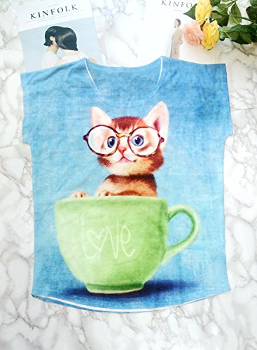 Futurino-Womens-Lovely-Cute-Cat-in-Teacup-Print-Short-Sleeve-T-shirt-Tops