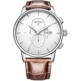 BUREI Herren Armbanduhr Chronograph Luxus Business Wasserdicht Einfache Classic und Echtleder Riemen (Weiß)