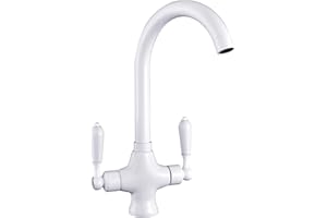 Funime Traditional Kitchen Sink Mixer Taps White Elegant Ceramic Dual Lever Monobloc Swivel Spout Chrome Brass with Free Hoses, DT35F