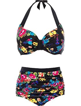 CharmLeaks Damen Bikini Set Rockabilly Blumen Muster High Waist Bikini Gepolsterte Körbchen Mit Bügel