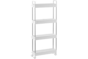 DPWEION 4-Tier Slim Storage Trolley Slide Out Rolling Utility Shelf Rack Storage Cart on Wheels Mobile Shelving Space Organizer for Kitchen/Bathroom/Laundry Room/Office,Plastic & Stainless Steel (White S)