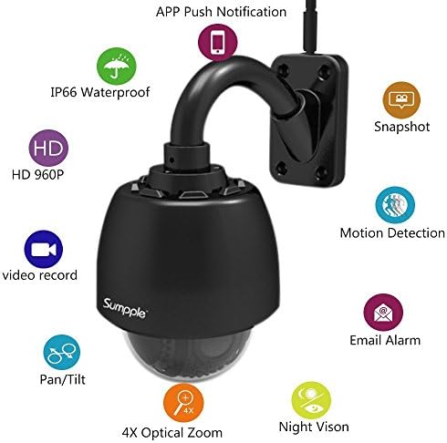 Sumpple Wired/Wireless WiFi 4X Optical Zoom 1280x960P 1.3M HD PTZ Outdoor Pan/Tilt Pre-installed 64G SD Card Surveillance Dome Camera, IP66 Waterproof, Day Night Vision, Video Record, Snapshot, Email Alarm, Motion Detection, App Control and View on IOS iPhone, Android Mobile Phone or PC – Black