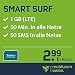 Produktbild mobilcom-debitel o2 Smart Surf mit 1GB LTE Internet Flat maximal 21 MBit/s, 50 Frei-Minuten und 50 SMS, 24 Monate Laufzeit, monatlich nur 2,99 EUR, Triple-SIM-Karten